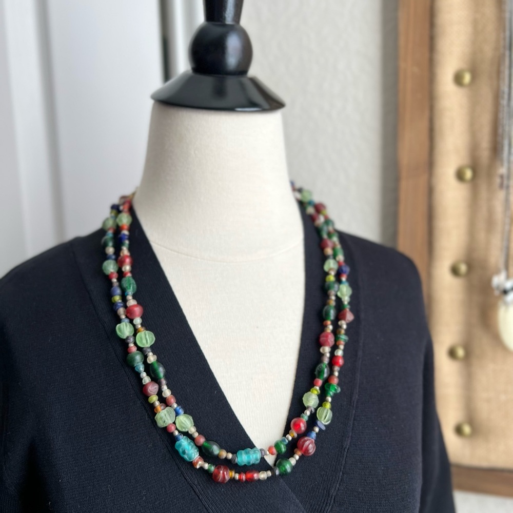 Vintage Multicolored Glass Beads Long Necklace 52”